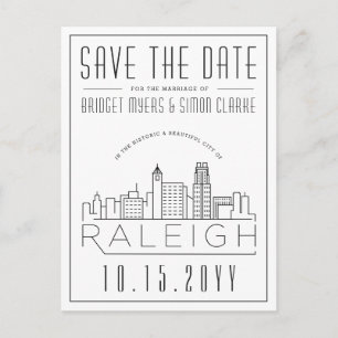 Postal Raleigh Boda   Estilizado Skyline Guardar la fecha