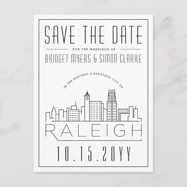 Postal Raleigh Boda | Estilizado Skyline Guardar la fecha (Anverso)