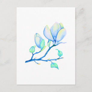 Postal Rama de magnolia acuarela azul verde botánica