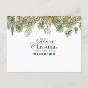Postal Rama de pino verde con adornos de navidad