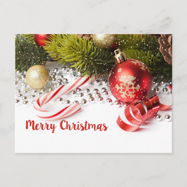 Postal Rama Verde De Pino Y Ilustracion De Linternas Roja (Anverso)