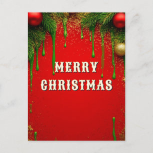 Postal Ramas de hoja perenne de Navidad rojas y adorno do