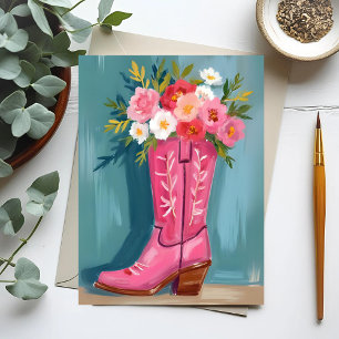 Postal Ramillete de flores de bota de vaquera rosa acuare