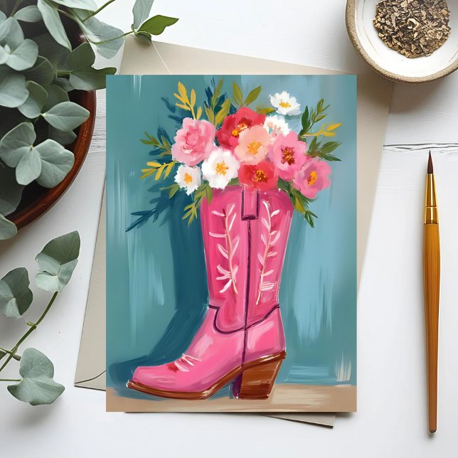 Postal Ramillete de flores de bota de vaquera rosa acuare (Subido por el creador)