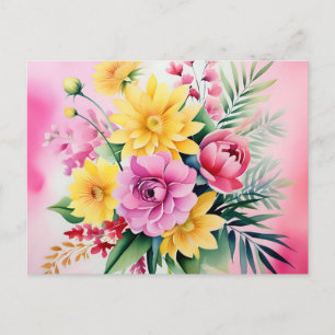 Postal Ramillete Vibrante De Acuarela De Amarillo Y Rosa 