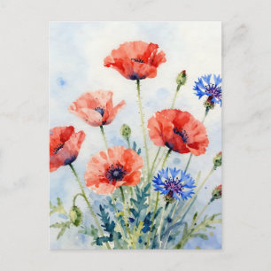 Postal Ramo de amapola roja acuarela y aciano azul