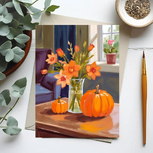 Postal Ramo de Calabazas de Otoño Flores Naranjas Otoño