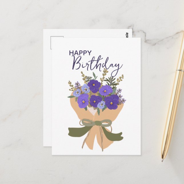 Postal Ramo de Flores de Cumpleaños de Febrero Violetas M (Anverso/Reverso In Situ)