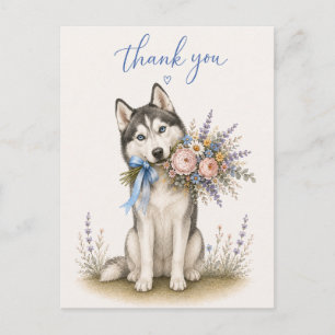 Postal Ramo de flores de Husky siberiano Gracias