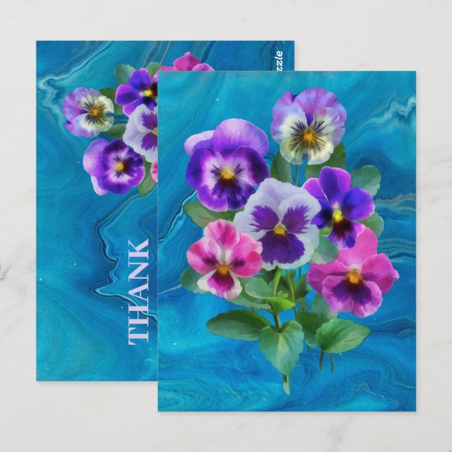 Postal Ramo de flores de pensamiento de violetas GRACIAS (Anverso / Reverso)