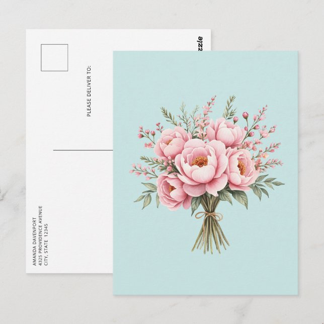 Postal Ramo de flores de peonía rosa bonita (Anverso / Reverso)