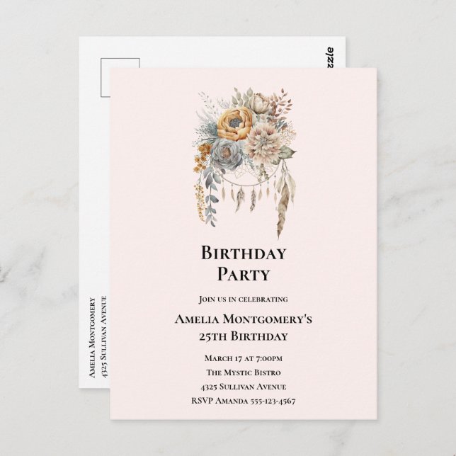 Postal Ramo de flores elegante con cumpleaños de atrapasu (Anverso / Reverso)