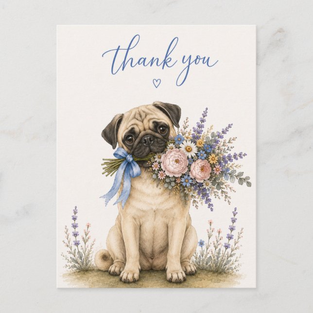 Postal Ramo de flores Pug Gracias (Anverso)