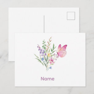 Postal Ramo de flores silvestres en acuarela con mariposa