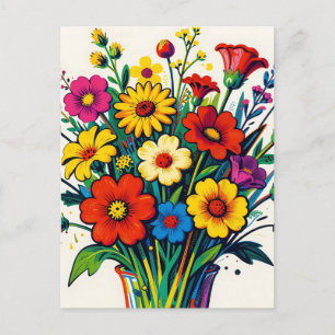 Postal Ramo de flores silvestres vibrantes arte popular