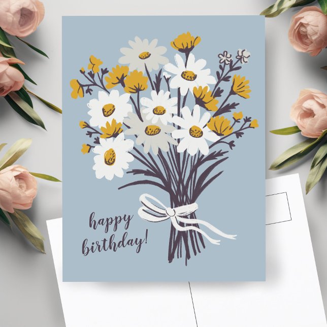 Postal Ramo de margaritas bonitas Cumpleaños feliz person (Pretty Daisy Bouquet CUSTOM Happy Birthday Postcard
)