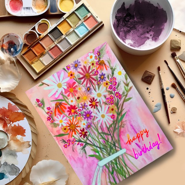 Postal Ramo de margaritas coloridas Feliz Cumpleaños (Beautiful watercolor bouquet birthday card postcard. Customize with your own text)