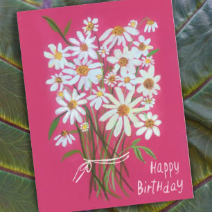 Postal Ramo de margaritas Cumpleaños feliz rosa pintado a