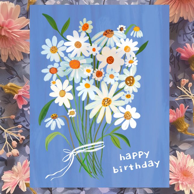 Postal Ramo de margaritas Feliz cumpleaños Gouache pintad (Daisy Bouquet Happy Birthday Handpainted Gouache Postcard Blue
)