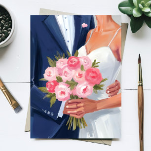 Postal Ramo de novia y novio pintado a la acuarela