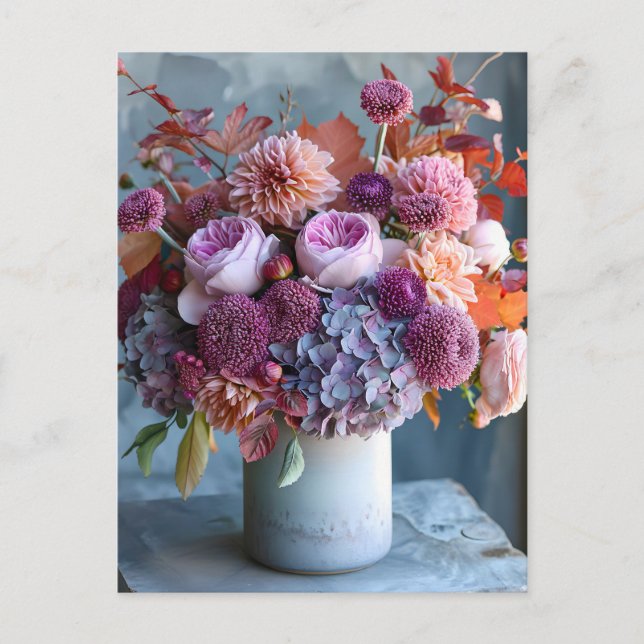 Postal Ramo de otoño rústico con dalias y hortensias (Anverso)