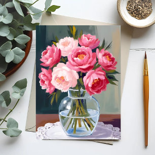 Postal Ramo de Peonía Florero Floral Acuarela Rosa
