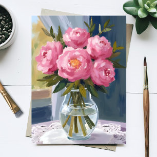 Postal Ramo de Peonía Rosa Pintura Floral Acuarela