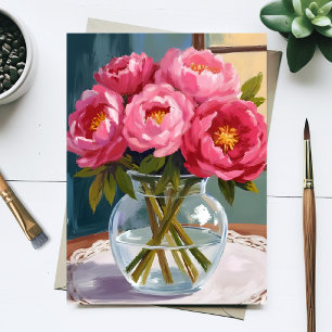 Postal Ramo de Peonía Rosa Pintura Floral Acuarela