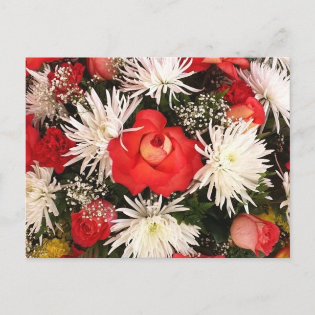Postal Ramo de Rosa Roja y Flores Blancas (Anverso)