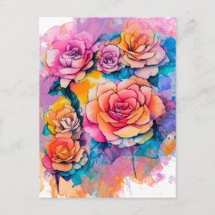 Postal Ramo de rosas con manchas de pintura acuaralada mo