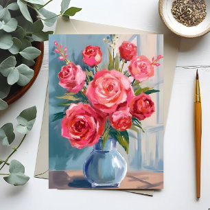 Postal Ramo de Rosas   Florero Rojo Acuarela Floral