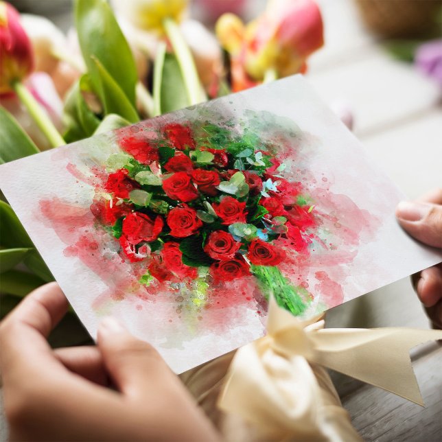 Postal Ramo de Rosas Rojas Acuarela sobre Fondo Blanco (Red Roses Bouquet Watercolor on White Background. Postcard)