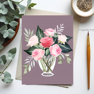 Postal Ramo de Rosas Rosadas   Acuarela Femenina Floral