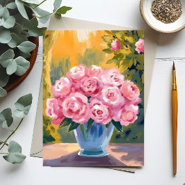 Postal Ramo de Rosas Rosadas | Jarrón Floral Acuarela