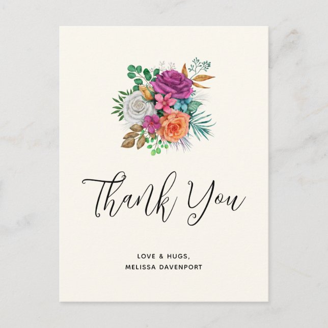 Postal Ramo de Rosas Rosadas, Naranjas y Blancas Gracias (Anverso)