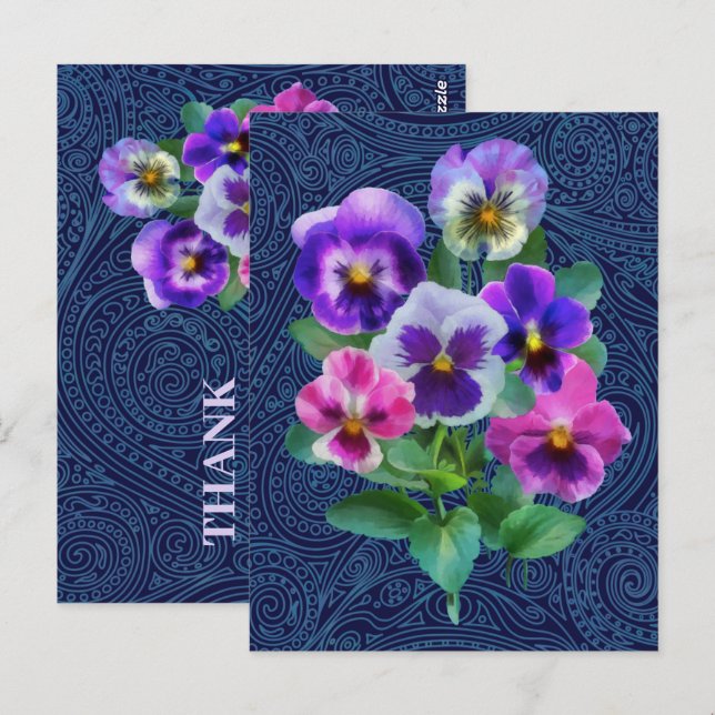 Postal Ramo de violetas flores de pensamiento GRACIAS (Anverso / Reverso)