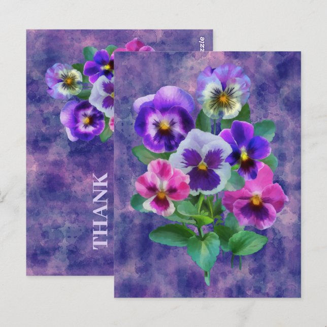 Postal Ramo de violetas flores de pensamiento GRACIAS (Anverso / Reverso)