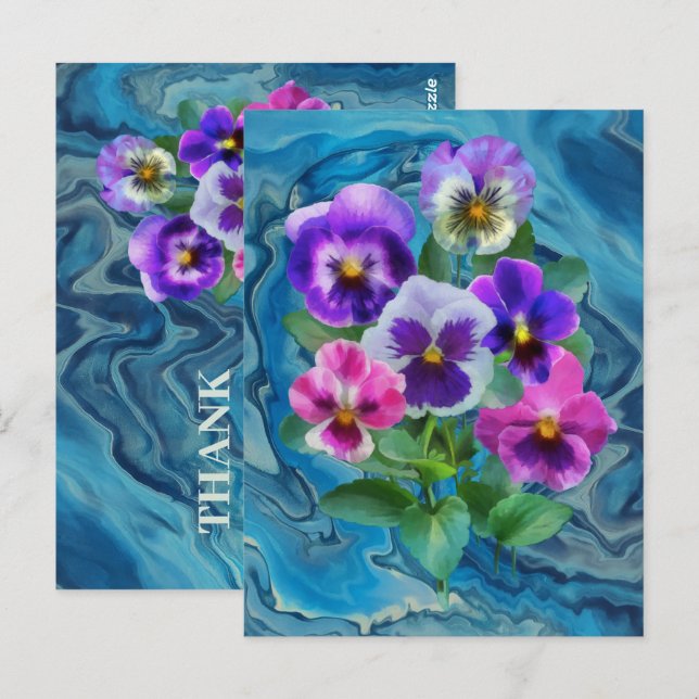 Postal Ramo de violetas flores de pensamiento GRACIAS (Anverso / Reverso)