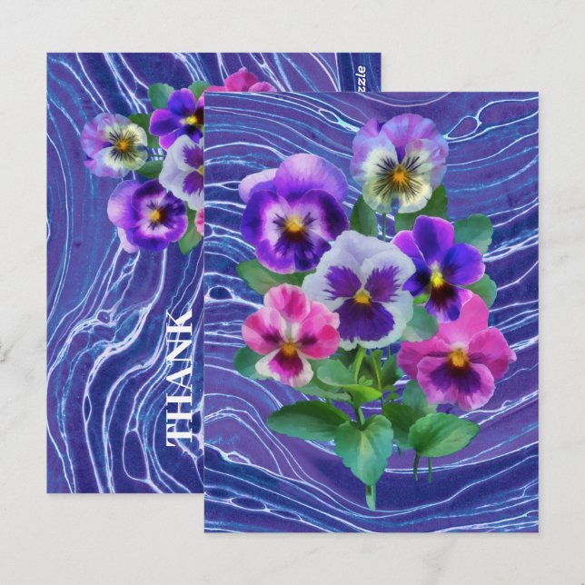 Postal Ramo de violetas flores de pensamiento GRACIAS (Anverso / Reverso)