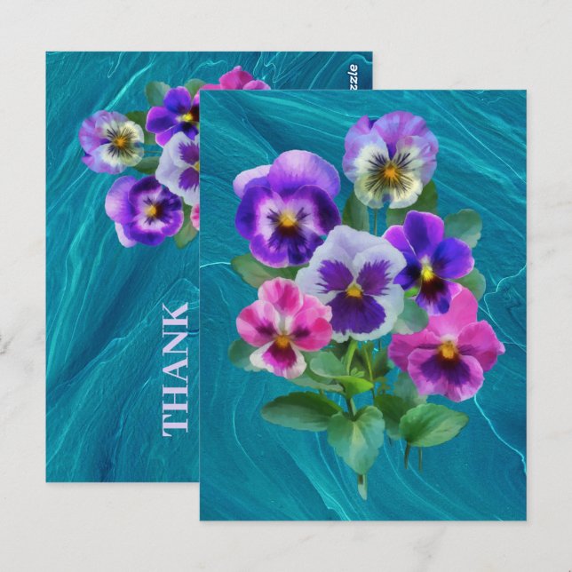 Postal Ramo de violetas flores de pensamiento GRACIAS (Anverso / Reverso)