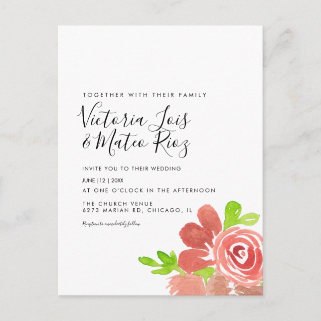 Postal Ramo Floral Acuarela Rosa Rubor Boda  (Anverso)