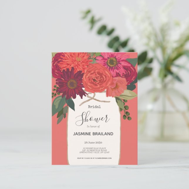 Postal Ramo floral brillante en tarro de Mason para ducha (Anverso de pie)