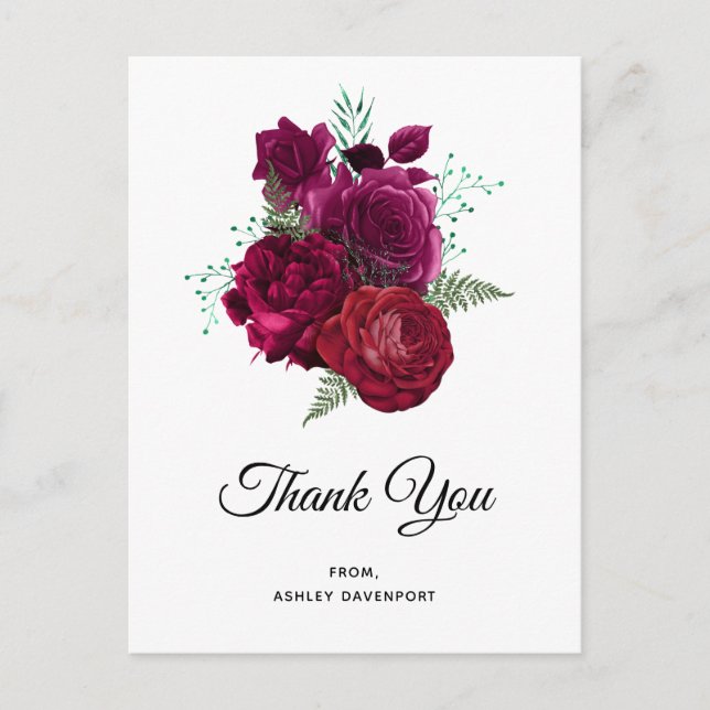 Postal Ramo Floral de Rosa Magenta Elegante Gracias (Anverso)