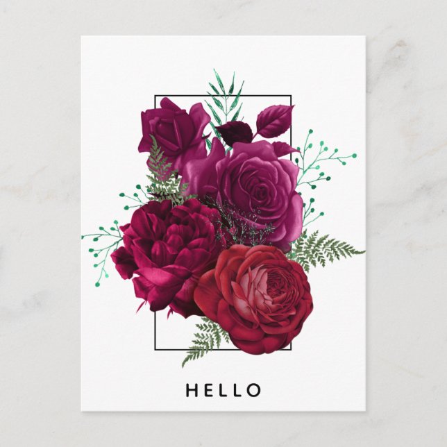 Postal Ramo Floral Rosa Magenta Elegante Hola (Anverso)