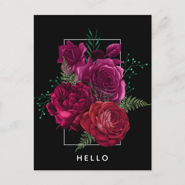 Postal Ramo Floral Rosa Magenta Elegante Hola (Anverso)