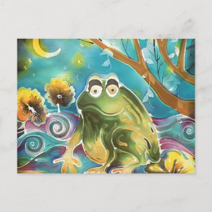 Postal Rana Caprichosa Feliz en la Noche Pintura en Seda