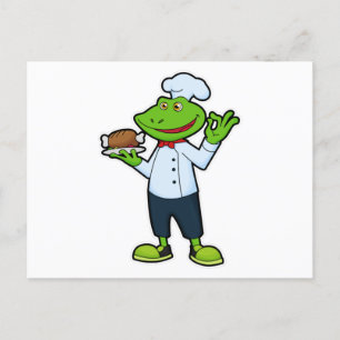 Postal Rana como cocinera con plato de servicio y pollo