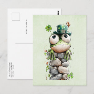 Postal Rana con sombrero verde y trébol adorable