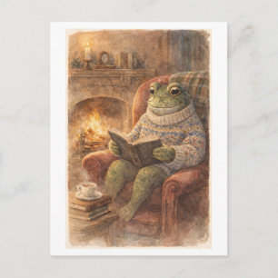 Postal Rana de estilo vintage leyendo junto al fuego