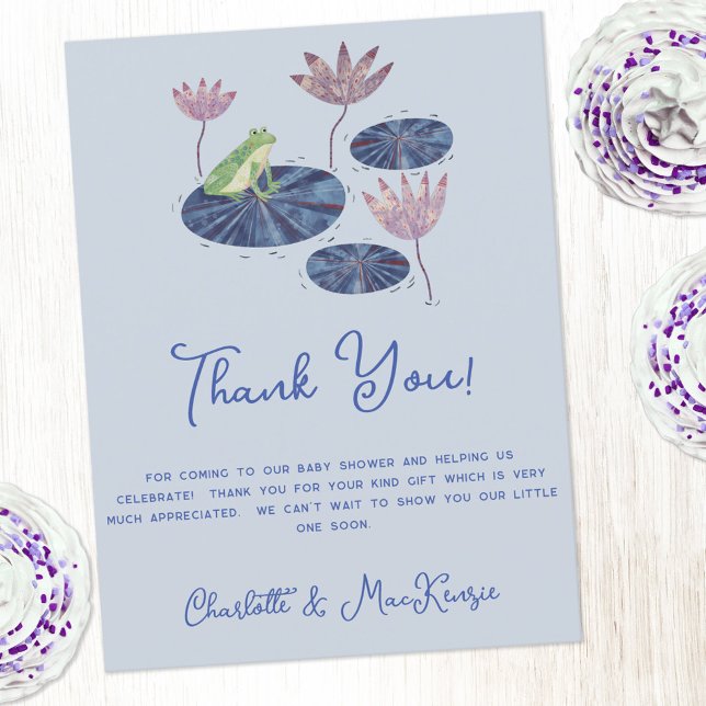 Postal Rana en una Baby Shower de Lily Pad Gracias (Frog baby shower thank you postcard with custom text)